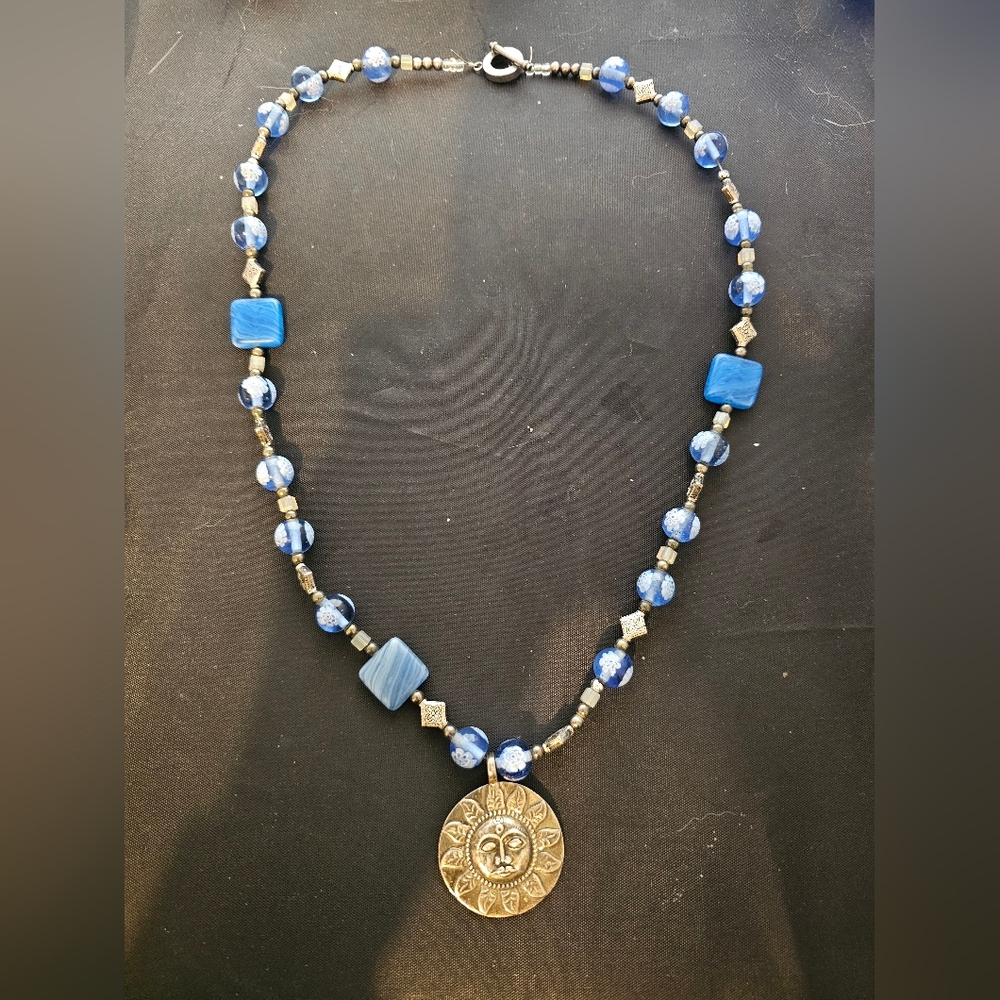 Artisan Blue and Gold Sunburst Pendant Necklace‎